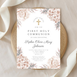Invitación Primera Comunión Religiosa Cruz Dorada Floral Rosa