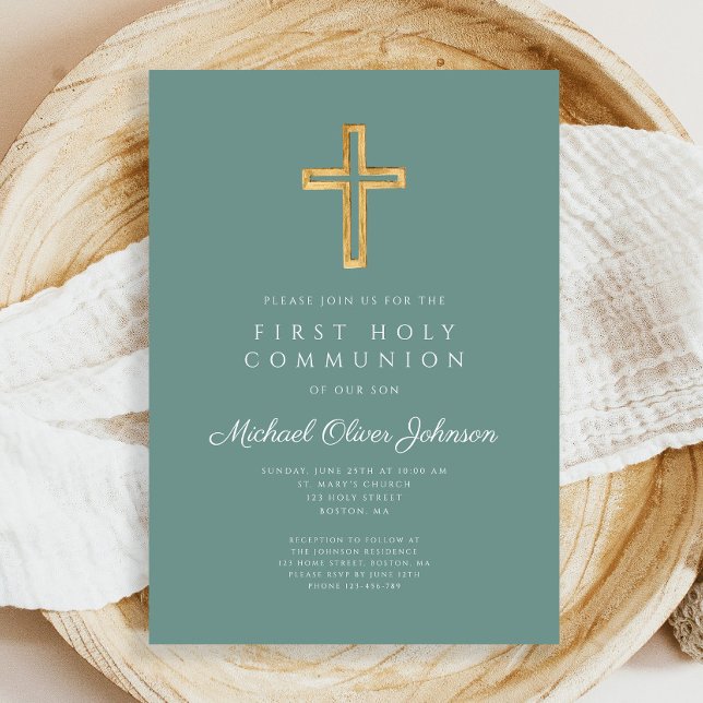 Invitación Primera comunión religiosa de la Cruz Verde (Green Cross Religious Boy First Holy Communion Invitation)