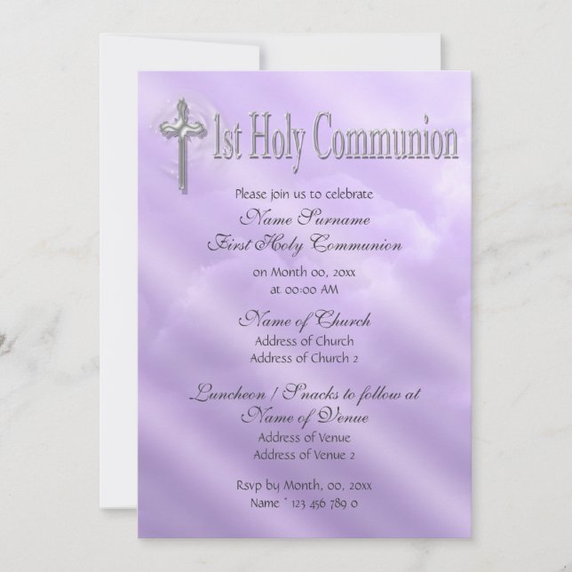 Invitación Primera comunión religiosa morada (Anverso)