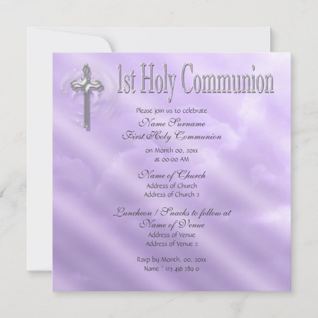 Invitación Primera comunión religiosa morada (Anverso)