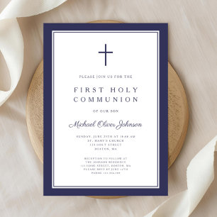 Invitación Primera Comunión Religiosa Niño Azul Marino Modern