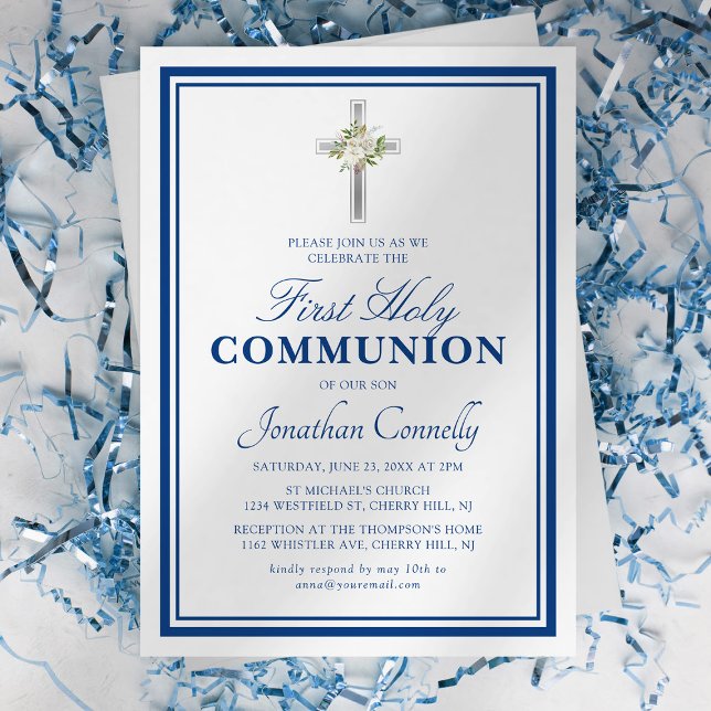 Invitación Primera Comunión Religiosa Niño Plata Azul (Subido por el creador)