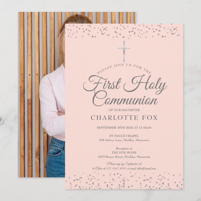 Invitación Primera Comunión Rosa Beige Plateada Foto (Anverso / Reverso)