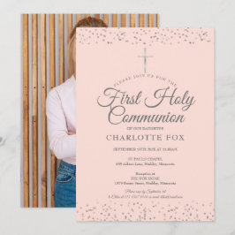 Invitación Primera Comunión Rosa Beige Plateada Foto