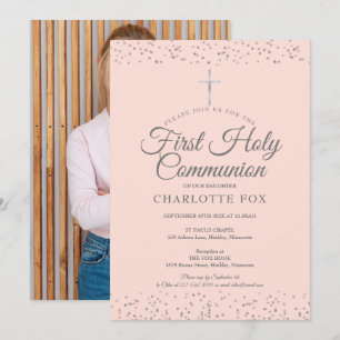 Invitación Primera Comunión Rosa Beige Plateada Foto