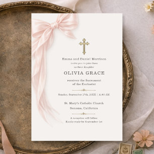 Invitación Primera Comunión Rosa Coqueta Lazo Niña