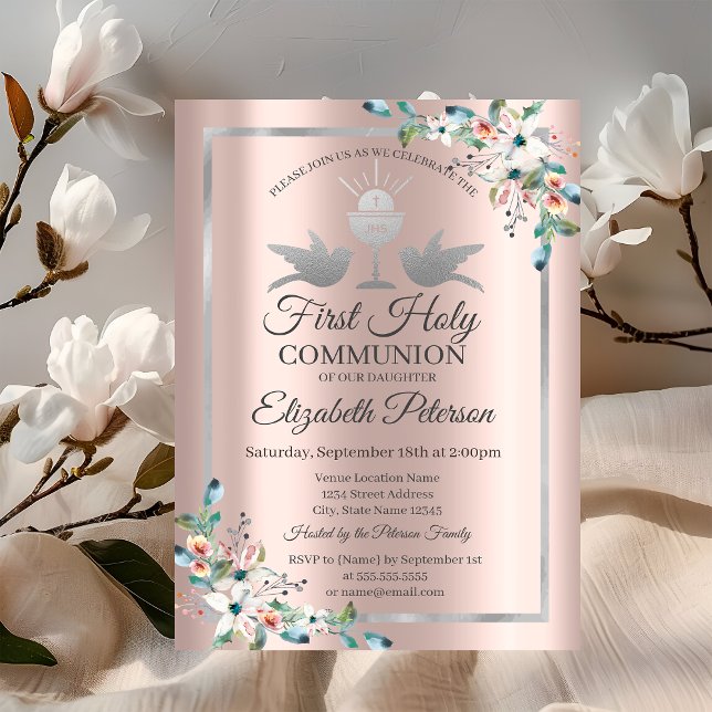 Invitación Primera Comunión Rosa Dorado Floral Cruzada (Subido por el creador)