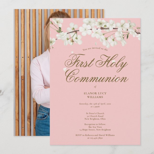Invitación Primera Comunión Rosa Flor Blanca Foto (Anverso / Reverso)