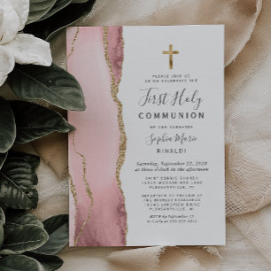 Invitación Primera Comunión Rosa Rubor Ágata Dorado Brillante