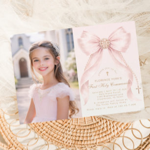 Invitación Primera Comunión Rosa Rubor Lazo Cristiano