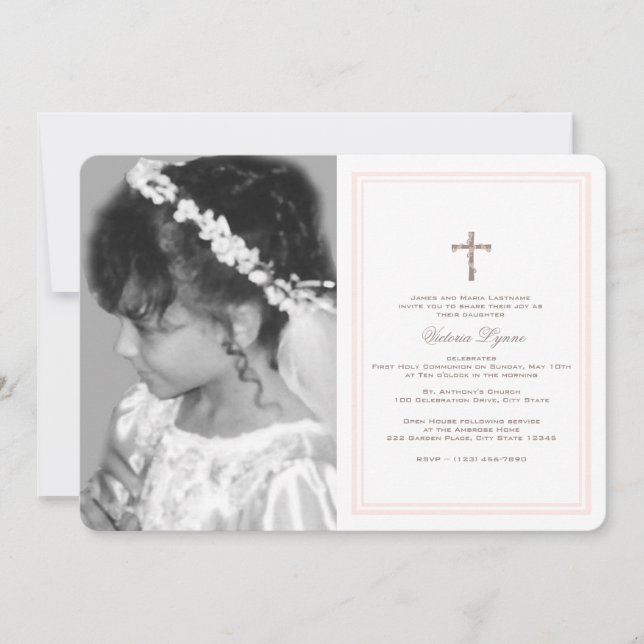 Invitación Primera comunión rosa suave con foto (Anverso)