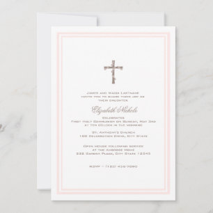 Invitación Primera comunión rosa suave y marrón