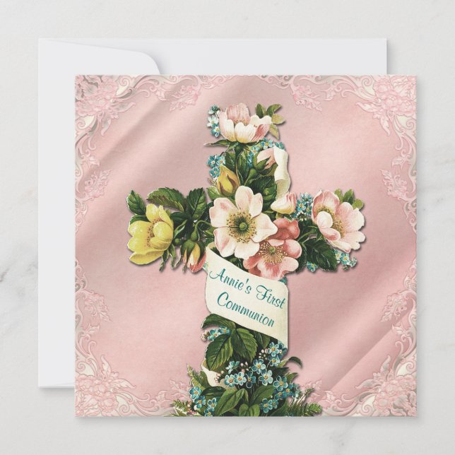 Invitación Primera Comunión rosa Vintage Cross (Anverso)