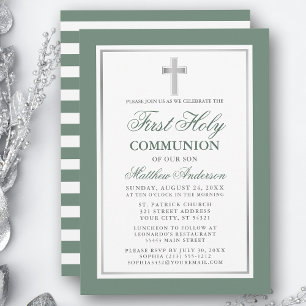 Invitación Primera Comunión Sage Green Silver con rayas
