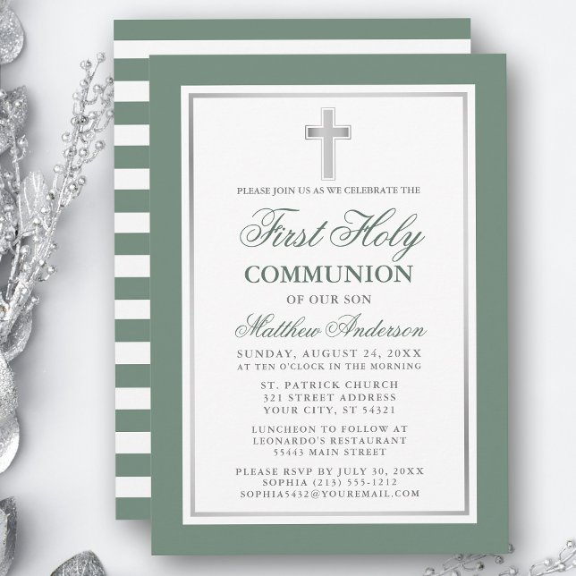 Invitación Primera Comunión Sage Green Silver con rayas (Customize to change text size, color or text style.)