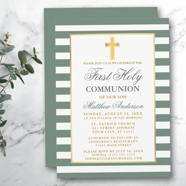 Invitación Primera Comunión Sage Green Stried Gold (Customize to change text size, color or text style.)