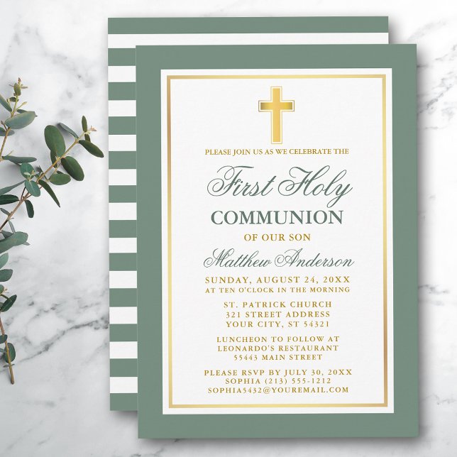 Invitación Primera Comunión Sage Green Stripes Gold (Customize to change text size, color or text style.)