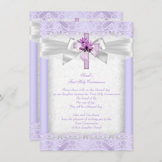 Invitación Primera Comunión Sagrada 1 Chicas Cruzar Lavanda (Anverso / Reverso)