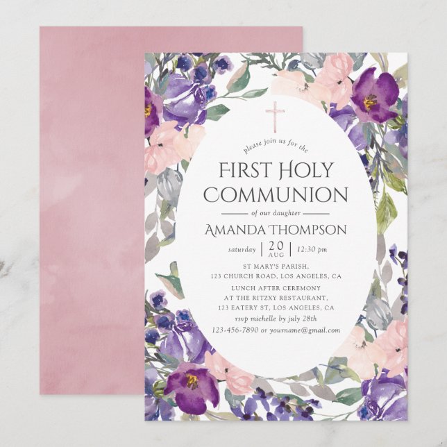 Invitación Primera comunión sagrada de ciruela y flor rosa Ru (Anverso / Reverso)