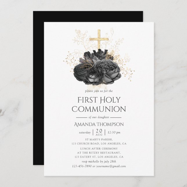 Invitación Primera comunión sagrada de la flor de oro y negro (Anverso / Reverso)