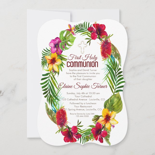 Invitación Primera comunión sagrada de la floral tropical haw (Anverso)