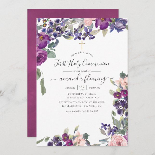 Invitación Primera comunión sagrada de la floral violeta, cir (Anverso / Reverso)