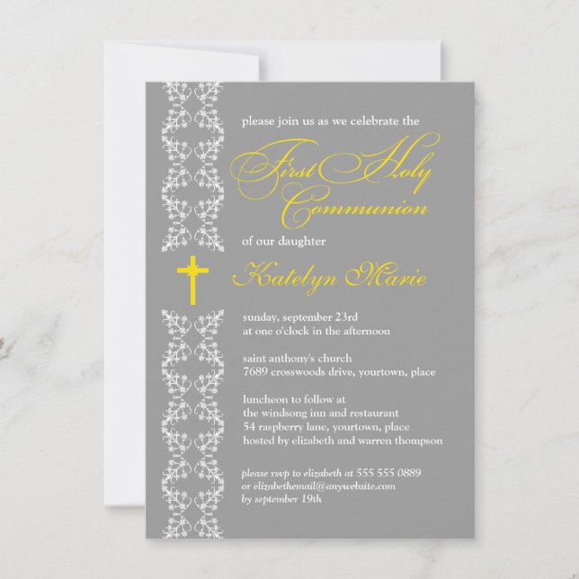 Invitación Primera comunión sagrada de la franja gris barroca (Anverso)