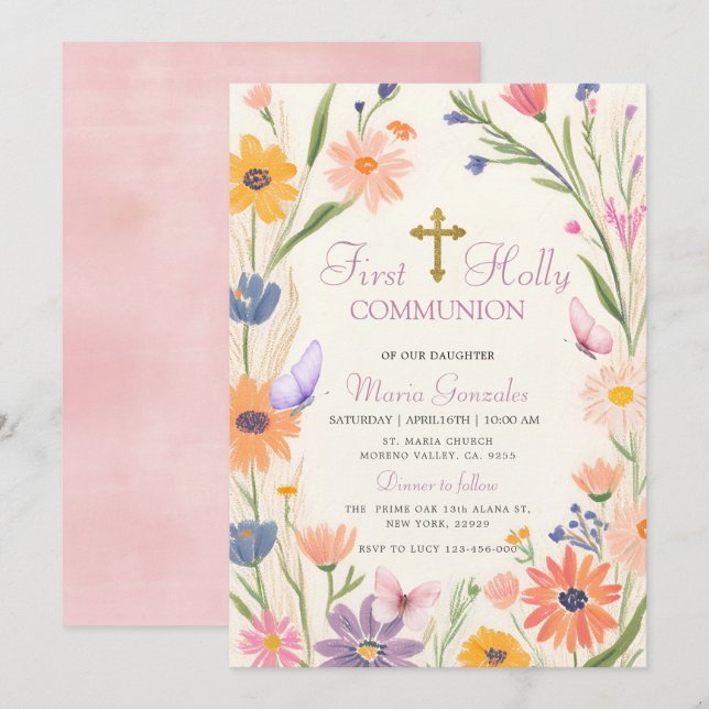 Invitación Primera comunión sagrada de la mariposa rusa (Anverso / Reverso)
