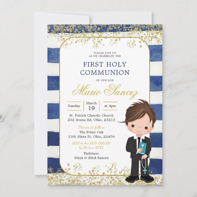 Invitación Primera comunión sagrada de Navy Blue and Gold Boy (Anverso)