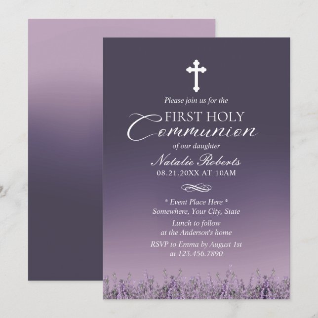 Invitación Primera Comunión Sagrada Elegante Morado Ombre (Anverso / Reverso)