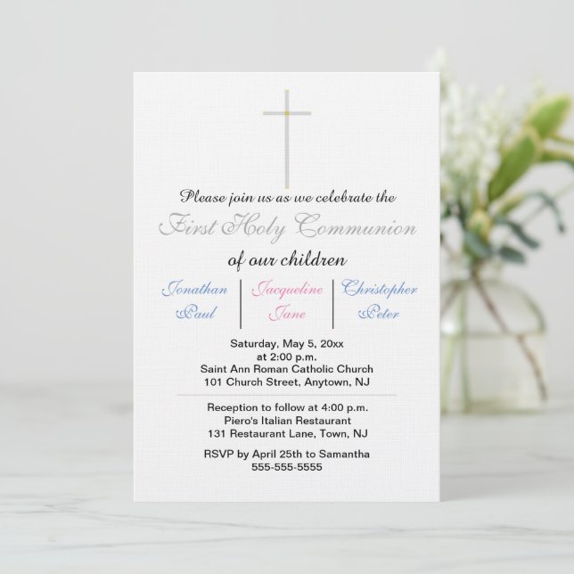 Invitación Primera comunión sagrada trilliza rosa azul (Anverso de pie)