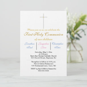 Invitación Primera comunión sagrada trilliza rosa azul oro