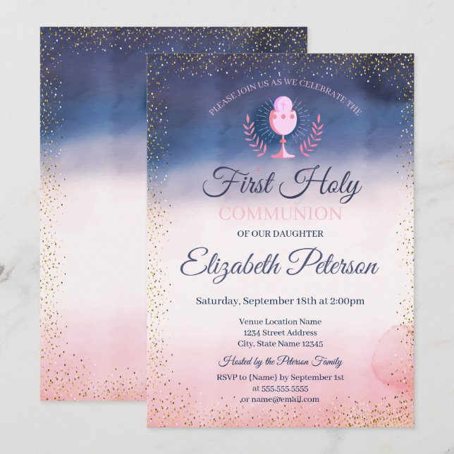 Invitación Primera Comunión Salpicadura de Pintura Acuarela F (Anverso / Reverso)