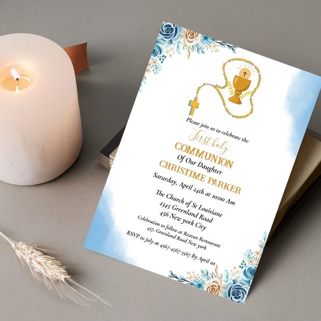 Invitación Primera comunión santa acuarela azul floral (Subido por el creador)