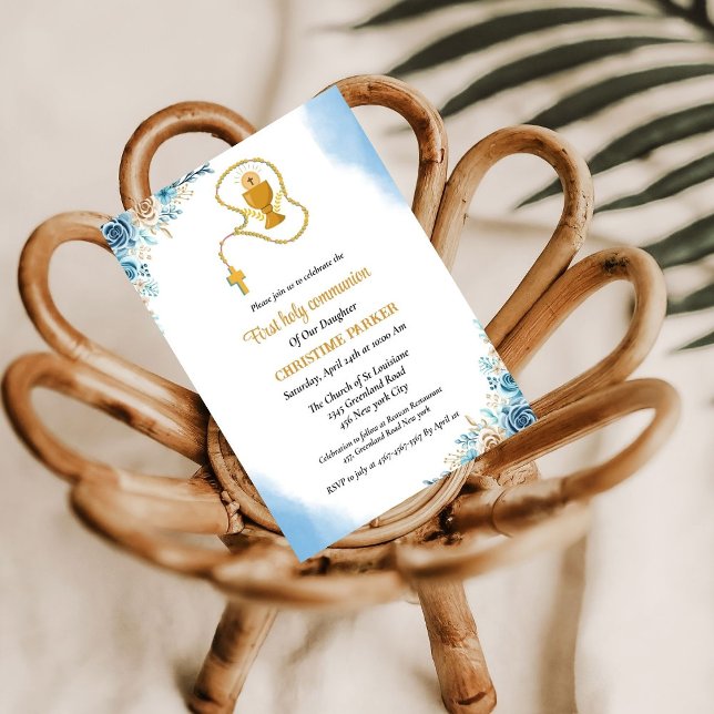 Invitación Primera comunión santa acuarela azul floral (Subido por el creador)