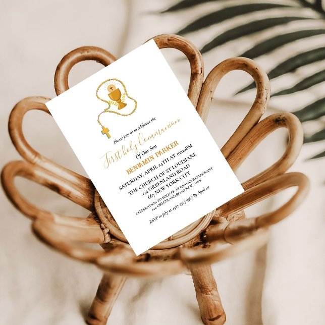 Invitación Primera comunión santa acuarela azul floral (Subido por el creador)