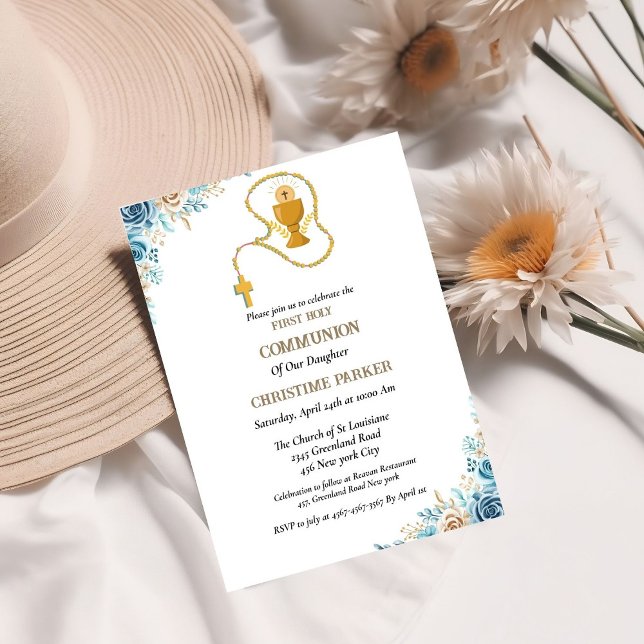 Invitación Primera comunión santa acuarela azul floral (Subido por el creador)