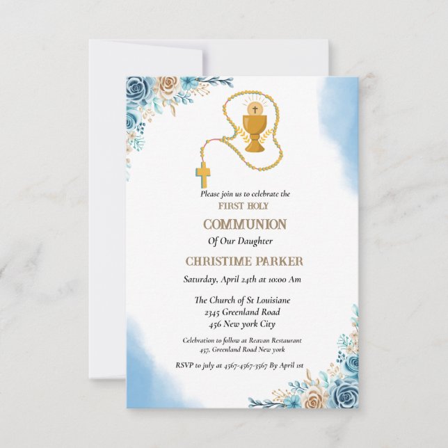 Invitación Primera comunión santa acuarela azul salpicadura f (Anverso)