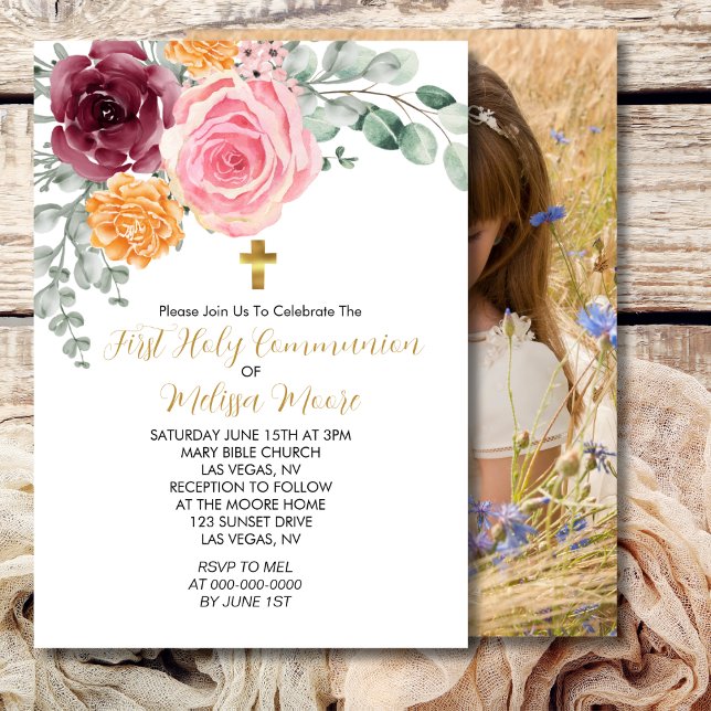 Invitación Primera Comunión Santa Cae Floral Borgoña Rosa (Subido por el creador)