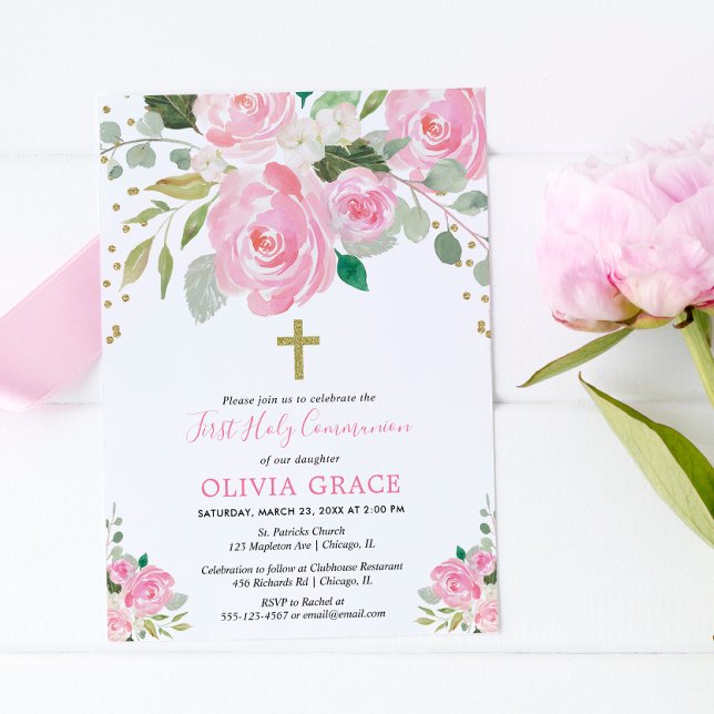 Invitación Primera Comunión Santa chica acuarelas florales de (Subido por el creador)