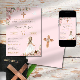 Invitación Primera Comunión Santa Chica Religiosa Rosa