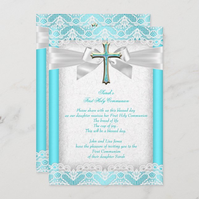 Invitación Primera Comunión Santa Chicas Cruz Verde azulada 2 (Anverso / Reverso)