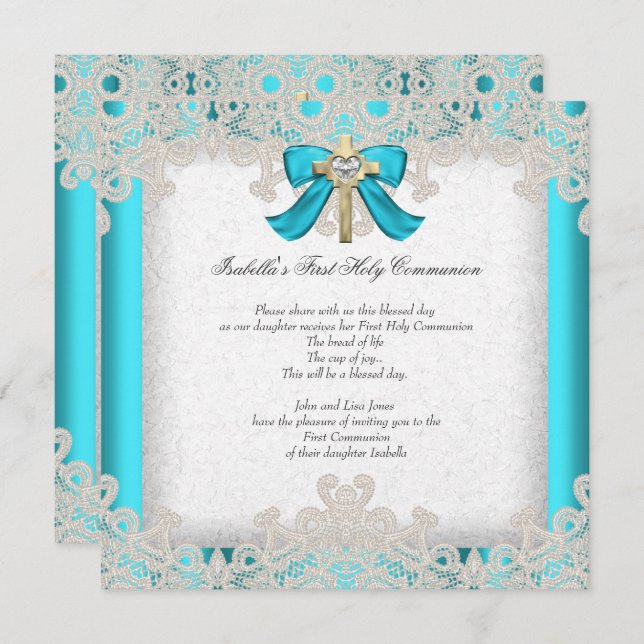 Invitación Primera Comunión Santa Chicas Cruz Verde azulada 3 (Anverso / Reverso)