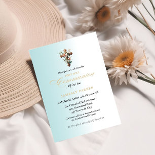 Invitación Primera comunión santa color agua azul salpicadura