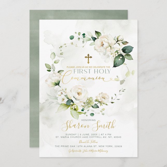 Invitación Primera Comunión Santa Cruz de Oro Floral Blanca (Anverso / Reverso)