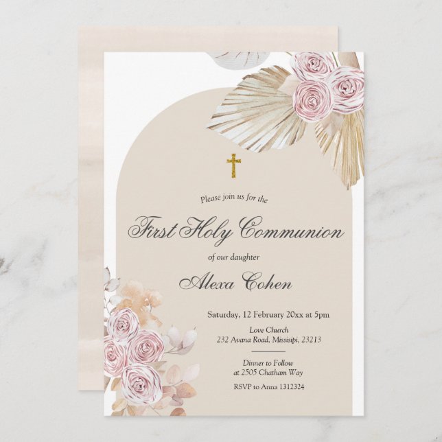 Invitación Primera Comunión Santa de Boho Pampas (Anverso / Reverso)
