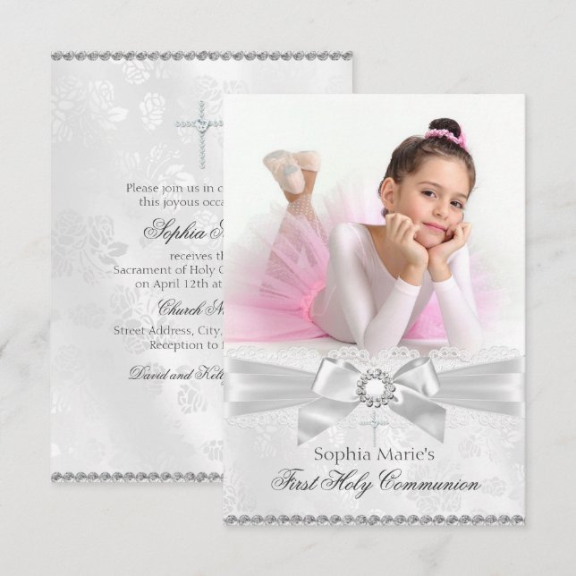 Invitación Primera Comunión Santa de Diamond Bow y Cross Phot (Anverso / Reverso)