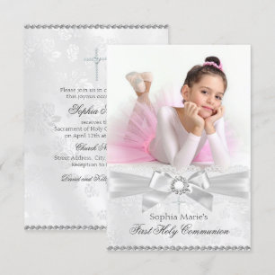 Invitación Primera Comunión Santa de Diamond Bow y Cross Phot
