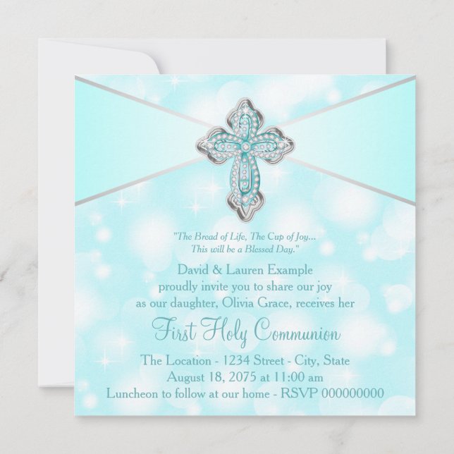Invitación Primera comunión santa de la espuma azul verde azu (Reverso)