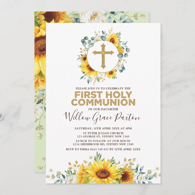 Invitación Primera comunión santa de los girasoles elegantes (Anverso / Reverso)